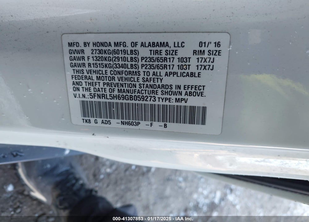2016 HONDA ODYSSEY EX-L VIN: 5FNRL5H69GB059273