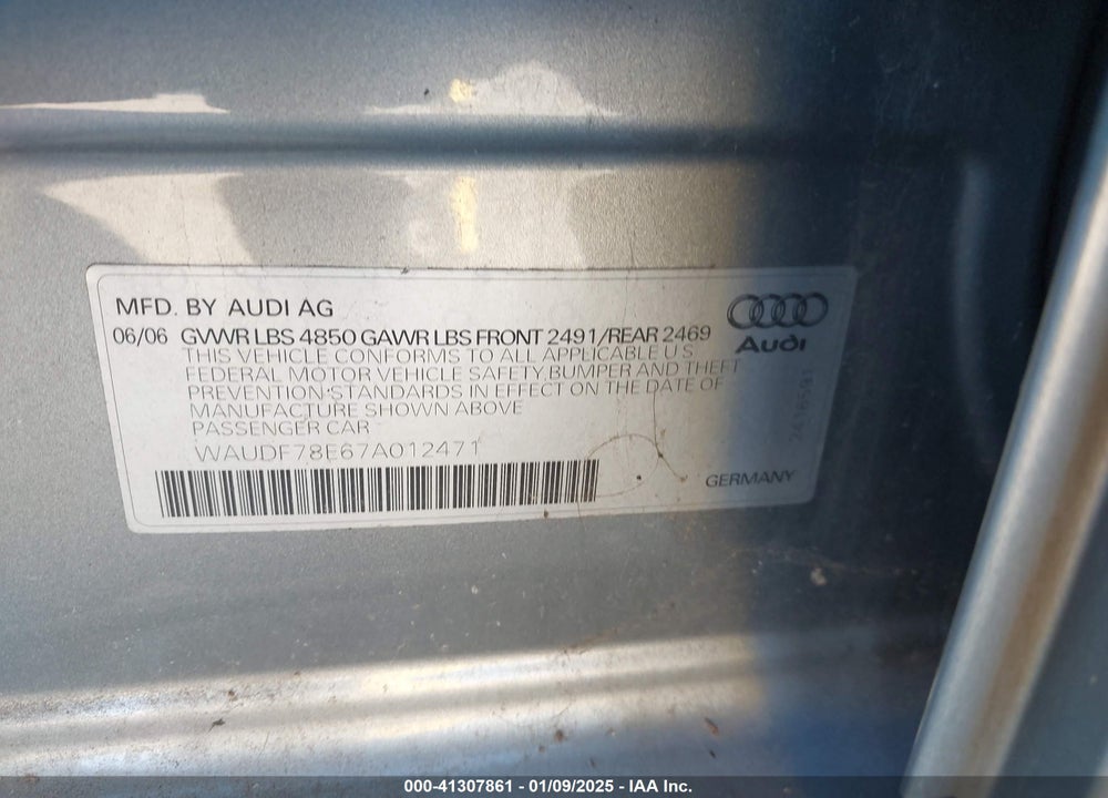 2007 AUDI A4 2.0T VIN: WAUDF78E67A012471