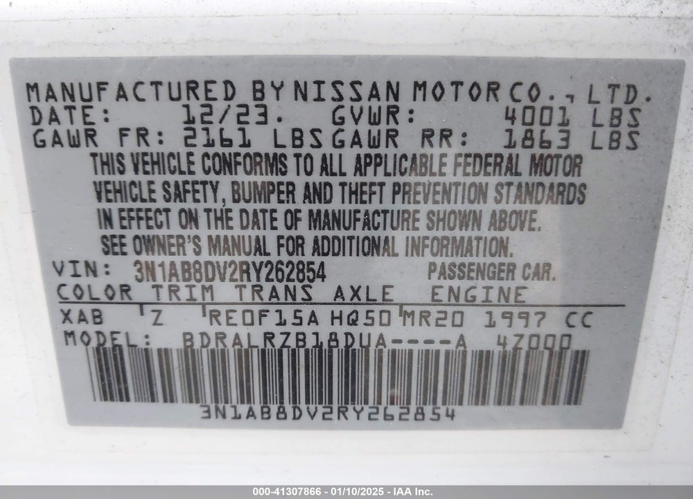 2024 NISSAN SENTRA VIN: 3N1AB8DV2RY262854