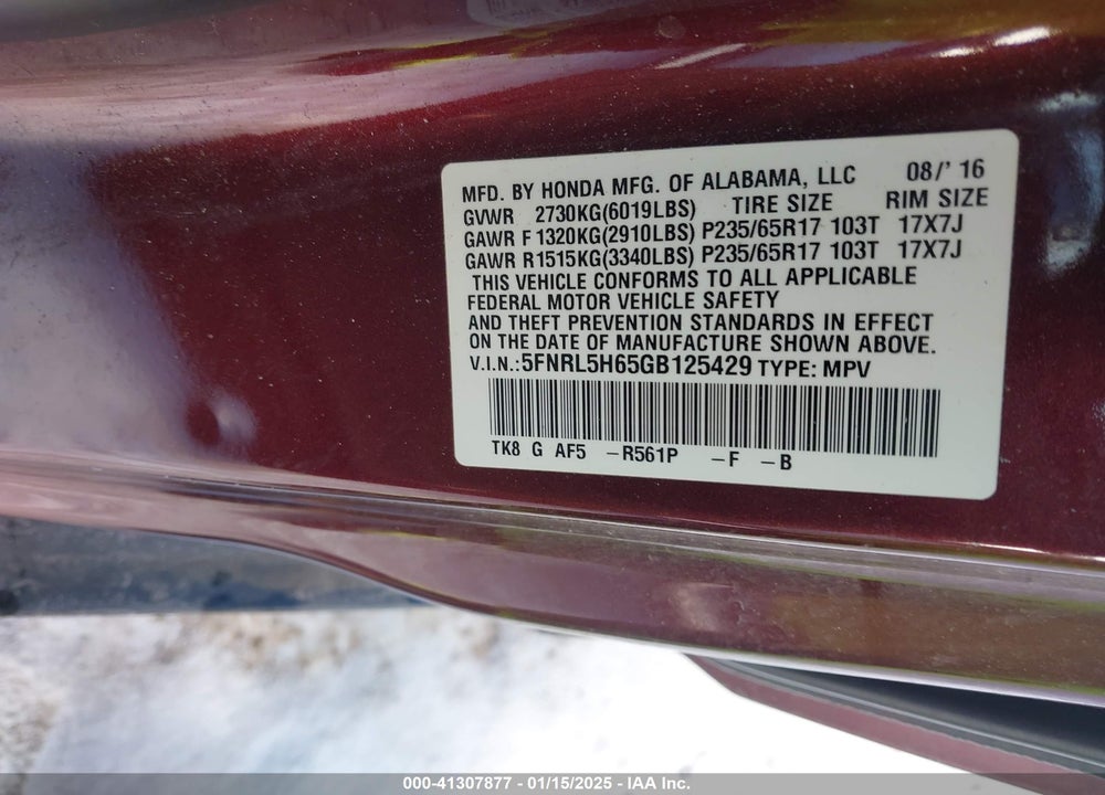 2016 HONDA ODYSSEY EX-L VIN: 5FNRL5H65GB125429
