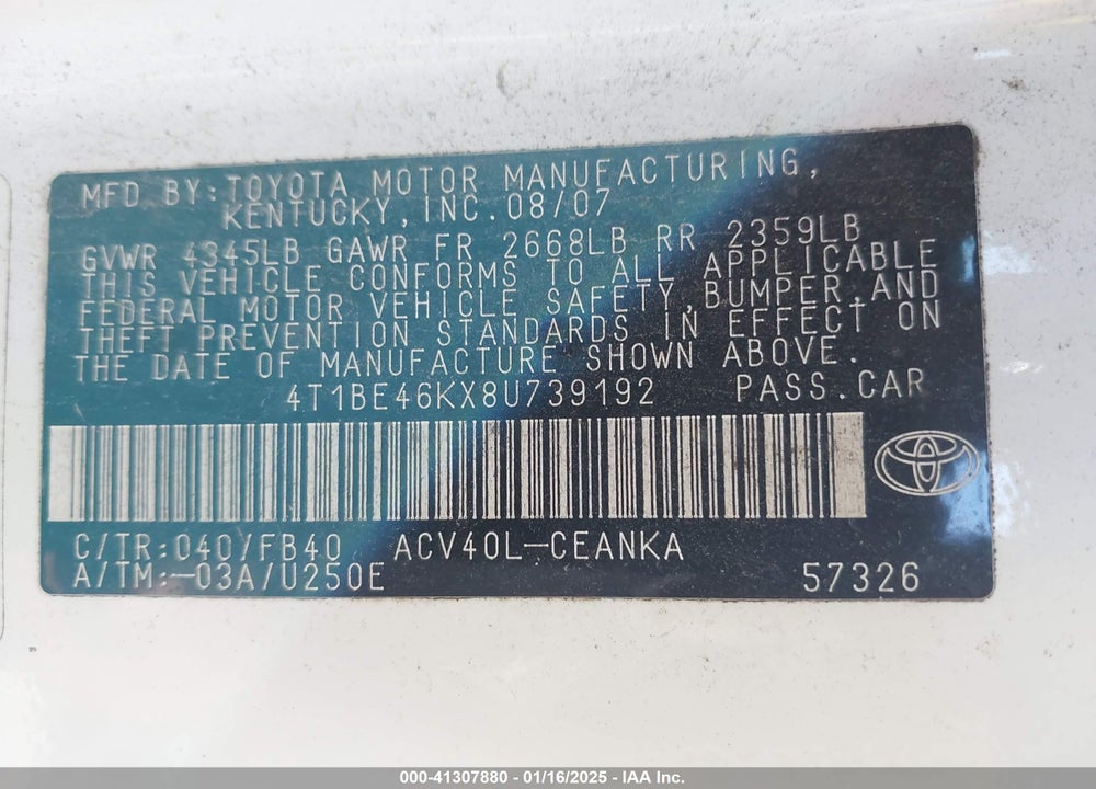2008 TOYOTA CAMRY VIN: 4T1BE46KX8U739192