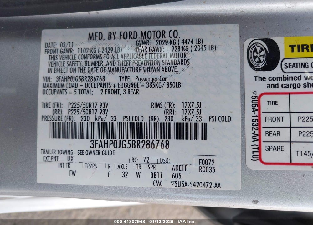 2011 FORD FUSION VIN: 3FAHP0JG5BR286768