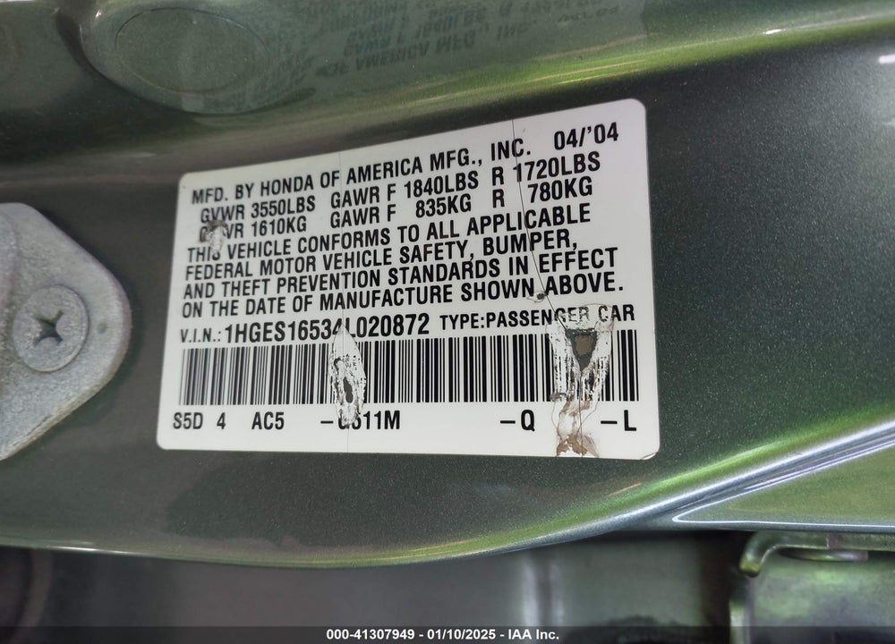 2004 HONDA CIVIC LX VIN: 1HGES16534L020872