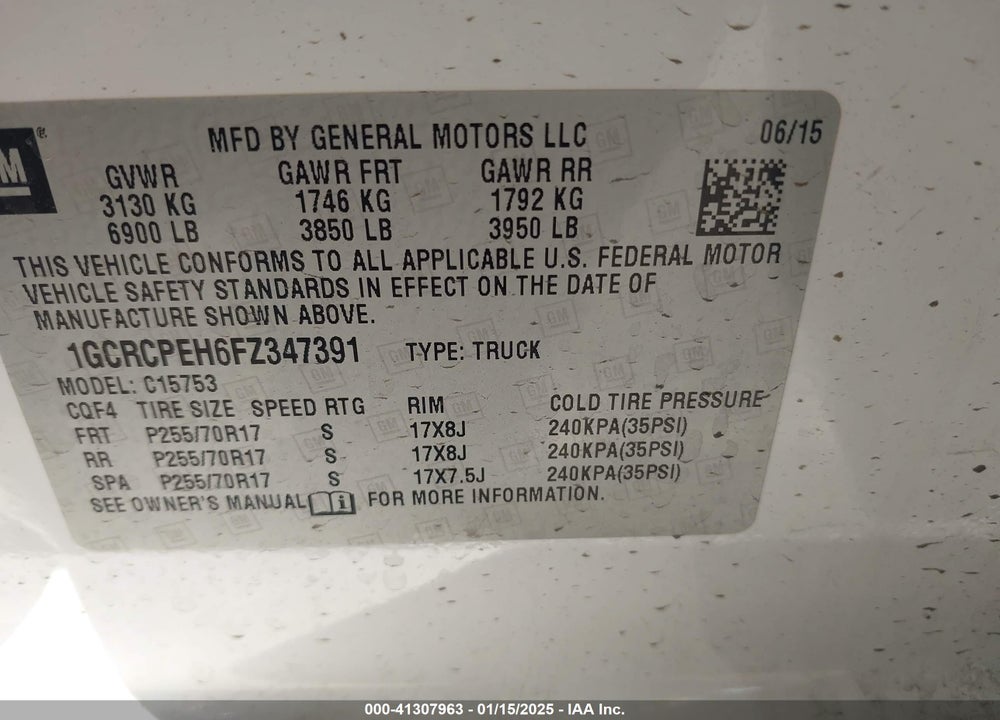 2015 CHEVROLET SILVERADO 1500 VIN: 1GCRCPEH6FZ347391