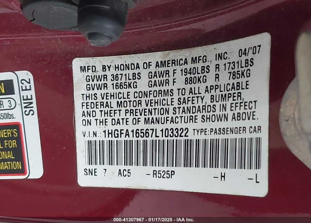 2007 HONDA CIVIC LX VIN: 1HGFA16567L103322