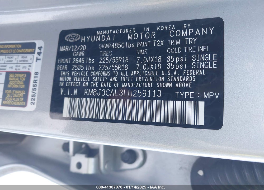 2020 HYUNDAI TUCSON LIMITED VIN: KM8J3CAL3LU259113
