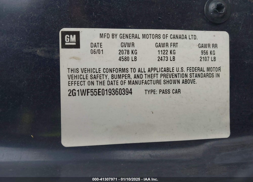 2001 CHEVROLET IMPALA VIN: 2G1WF55E019360394