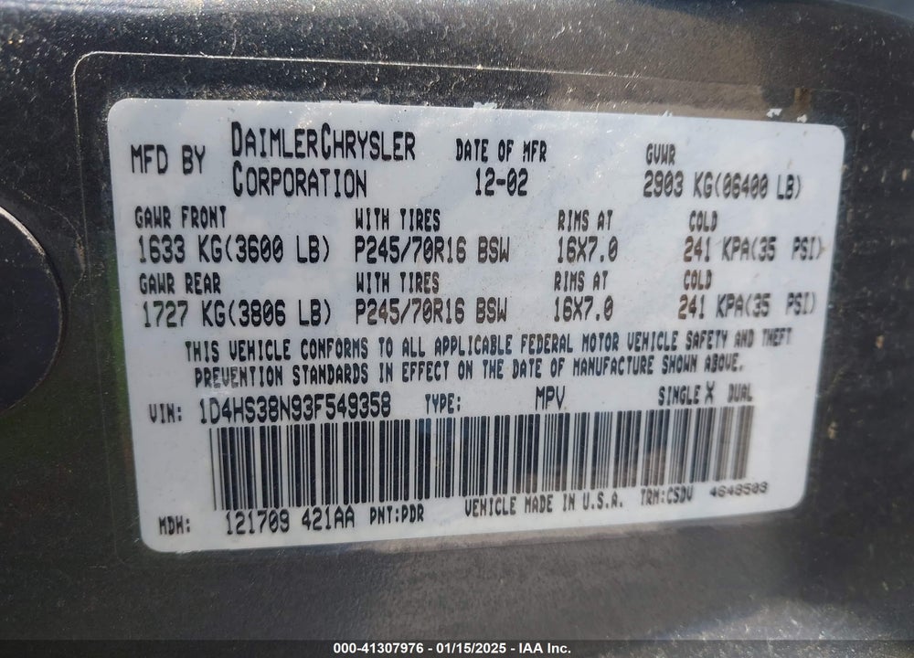 2003 DODGE DURANGO SPORT/SXT VIN: 1D4HS38N93F549358