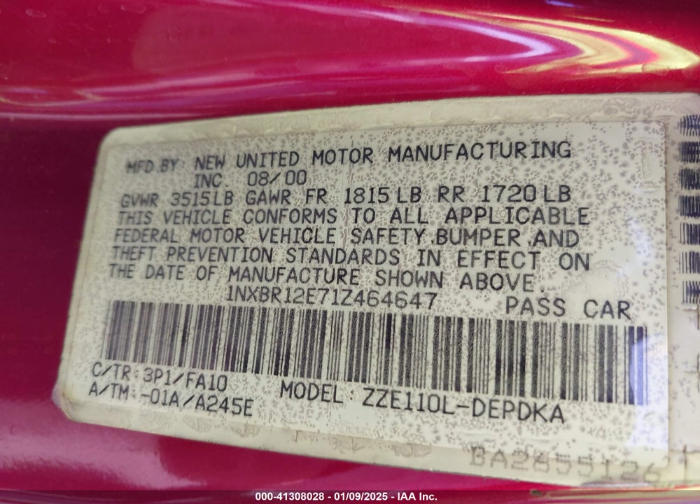 2001 TOYOTA COROLLA LE VIN: 1NXBR12E71Z464647