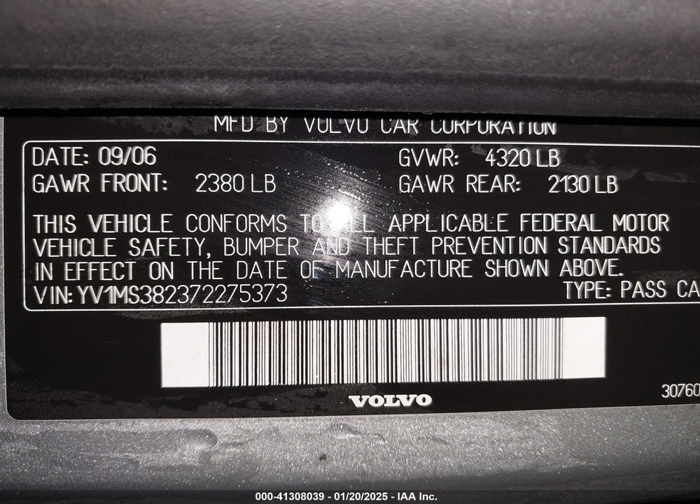 2007 VOLVO S40 2.4I VIN: YV1MS382372275373