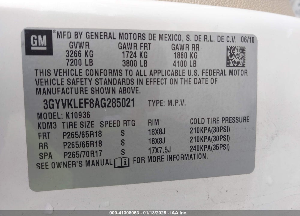 2010 CADILLAC ESCALADE VIN: 3GYVKLEF8AG285021