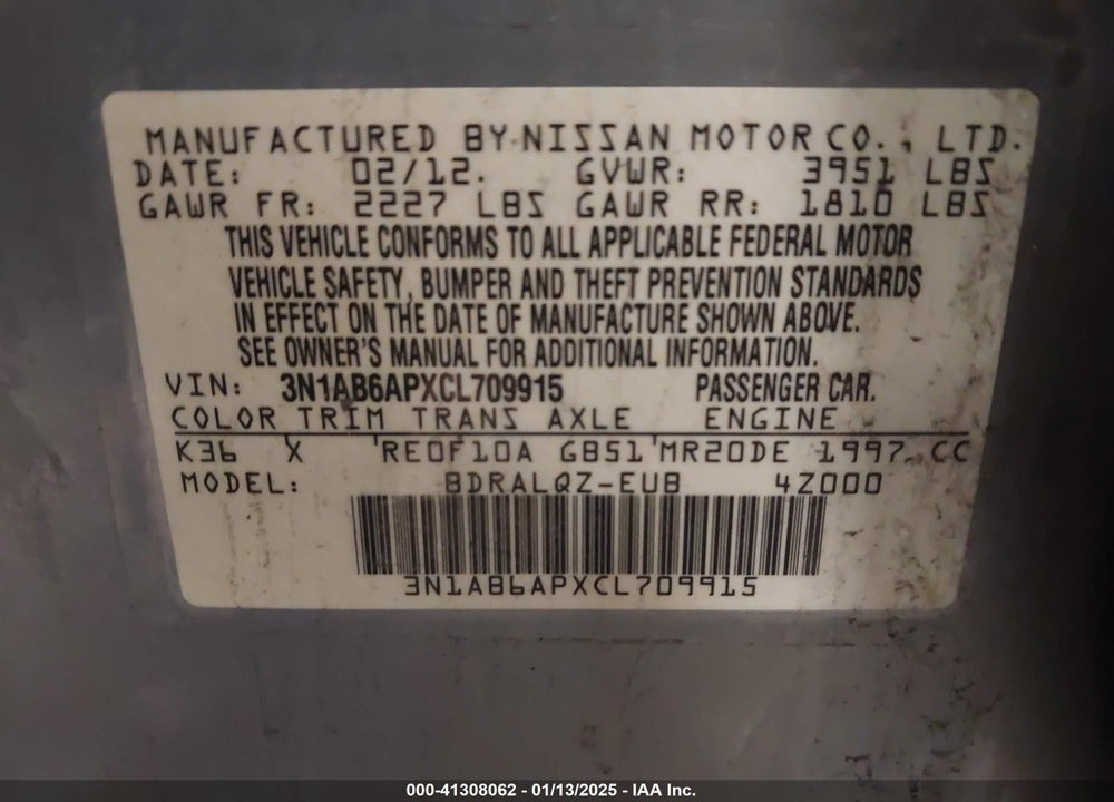 2012 NISSAN SENTRA 2.0 VIN: 3N1AB6APXCL709915