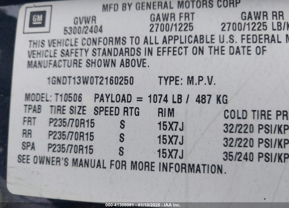 1996 CHEVROLET BLAZER VIN: 1GNDT13W0T2160250