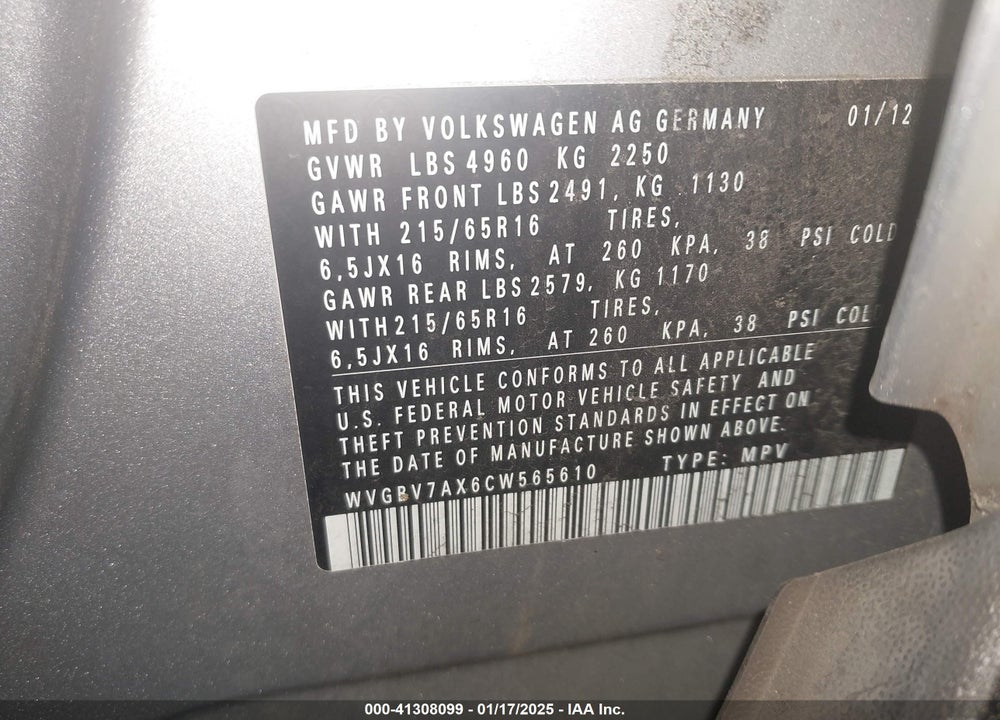 2012 VOLKSWAGEN TIGUAN S VIN: WVGBV7AX6CW565610