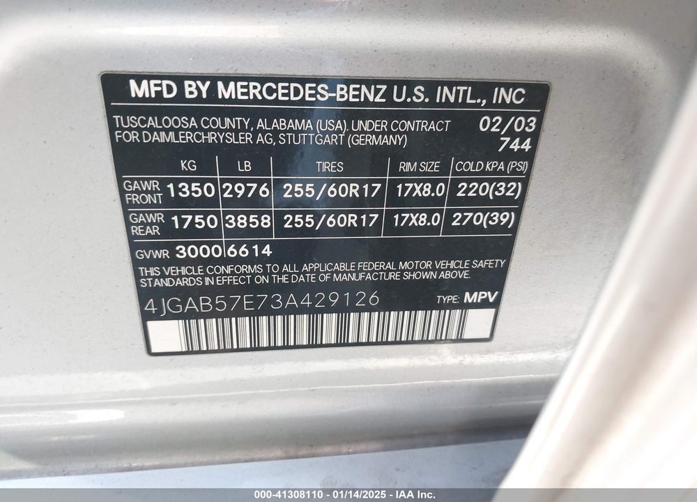 2003 MERCEDES-BENZ ML 350 VIN: 4JGAB57E73A429126