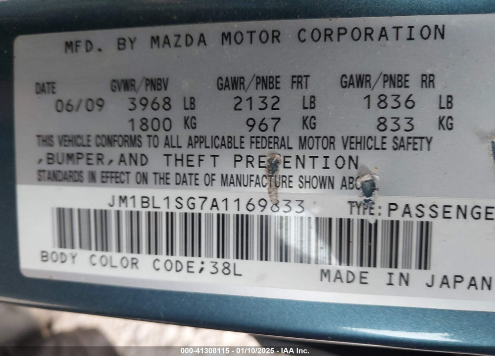 2010 MAZDA 3 I TOURING VIN: JM1BL1SG7A1169833