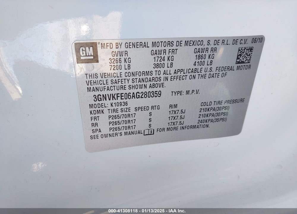 2010 CHEVROLET AVALANCHE 1500 LT1 VIN: 3GNVKFE06AG280359