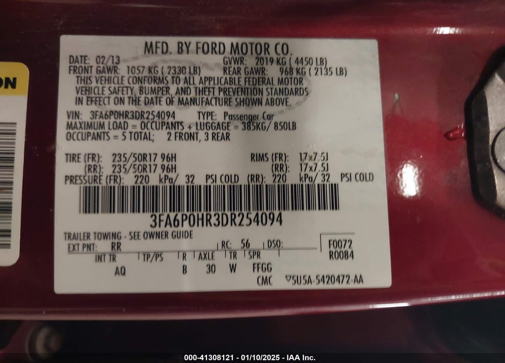 2013 FORD FUSION VIN: 3FA6P0HR3DR254094