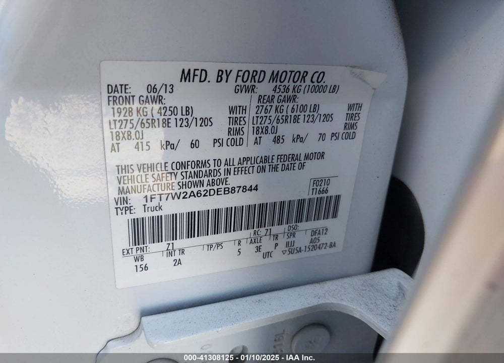 2013 FORD F-250 VIN: 1FT7W2A62DEB87844