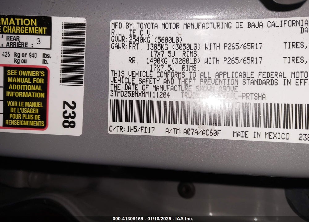 2021 TOYOTA TACOMA VIN: 3TMDZ5BNXMM111204