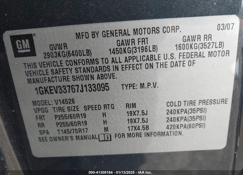 2007 GMC ACADIA SLT-1 VIN: 1GKEV33767J133095