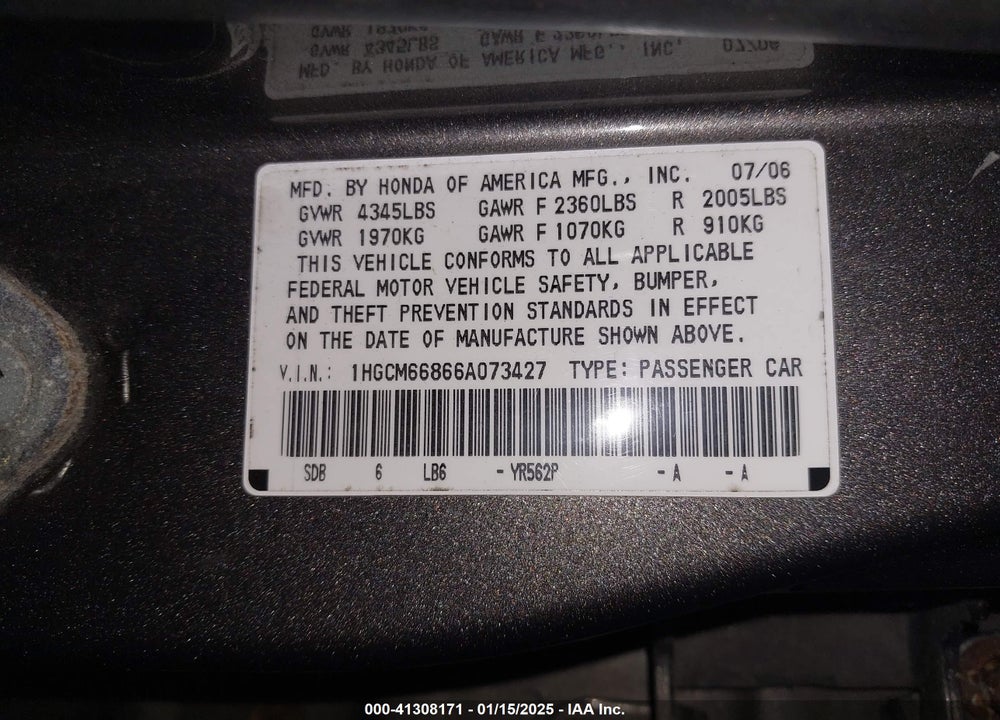 2006 HONDA ACCORD VIN: 1HGCM66866A073427