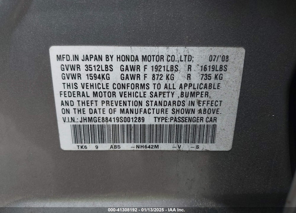 2009 HONDA FIT VIN: JHMGE88419S001289
