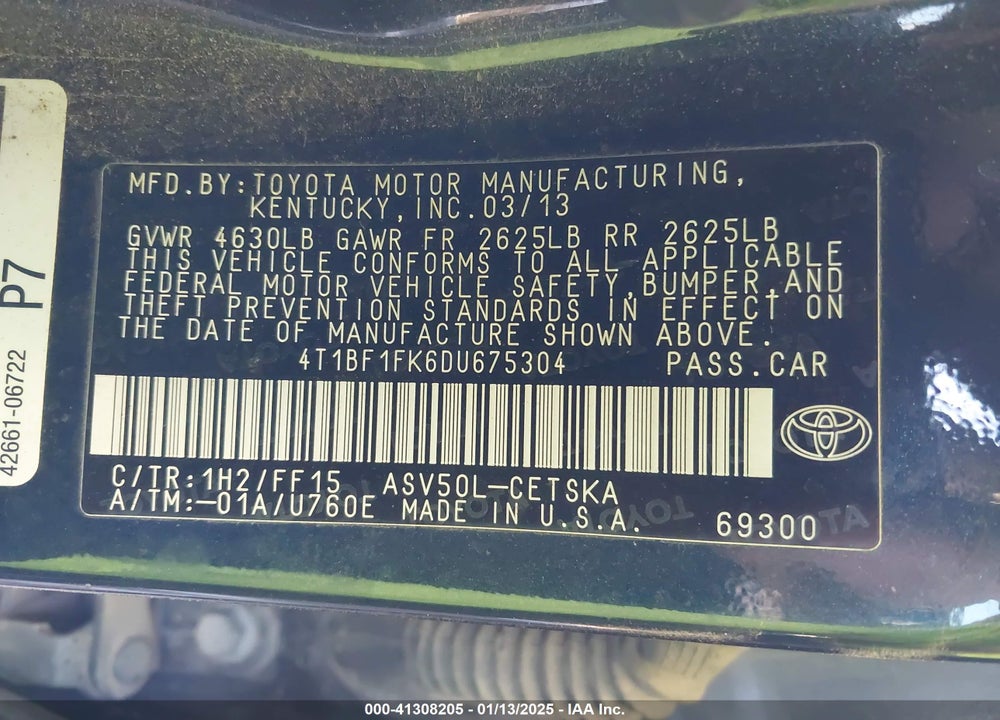 2013 TOYOTA CAMRY VIN: 4T1BF1FK6DU675304