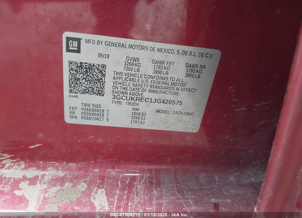 2018 CHEVROLET SILVERADO VIN: 3GCUKREC1JG420575