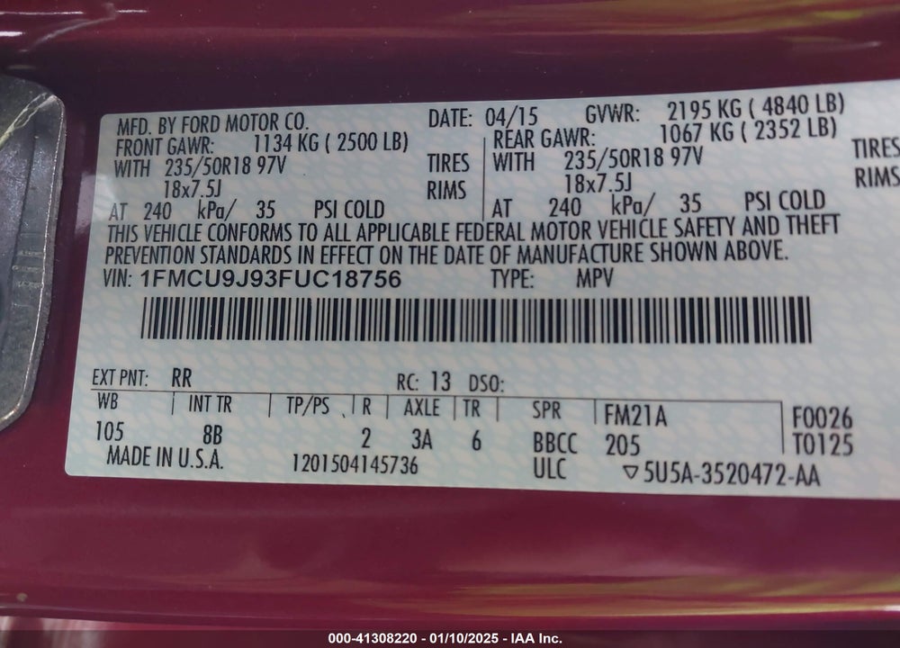 2015 FORD ESCAPE TITANIUM VIN: 1FMCU9J93FUC18756