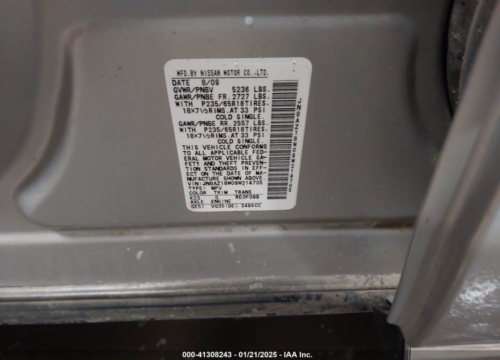 2009 NISSAN MURANO S VIN: JN8AZ18W09W214705