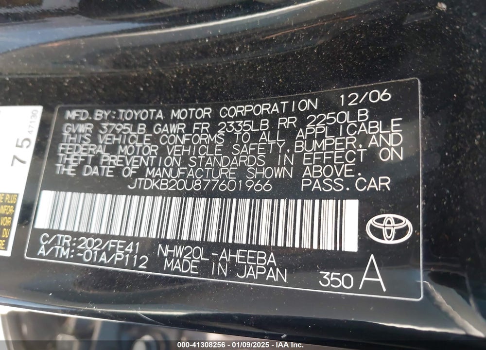 2007 TOYOTA PRIUS VIN: JTDKB20U877601966