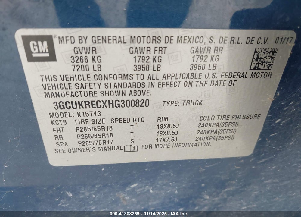 2017 CHEVROLET SILVERADO 1500 2LT VIN: 3GCUKRECXHG300820