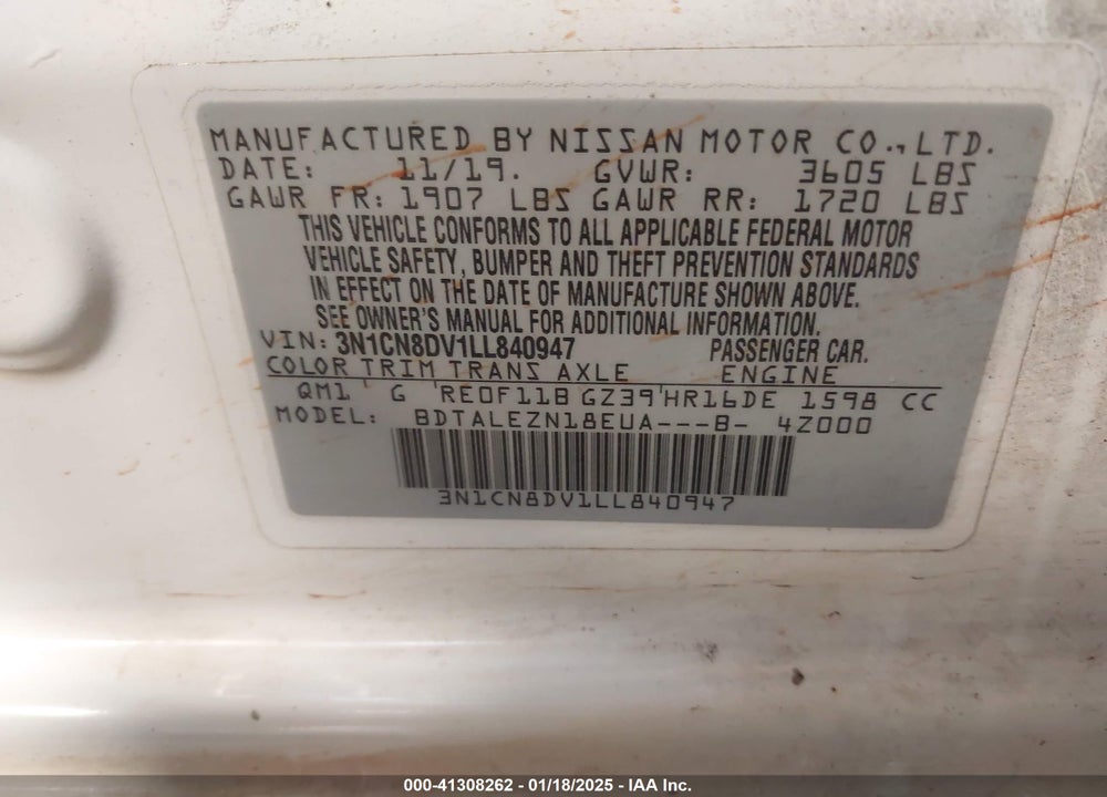 2020 NISSAN VERSA VIN: 3N1CN8DV1LL840947