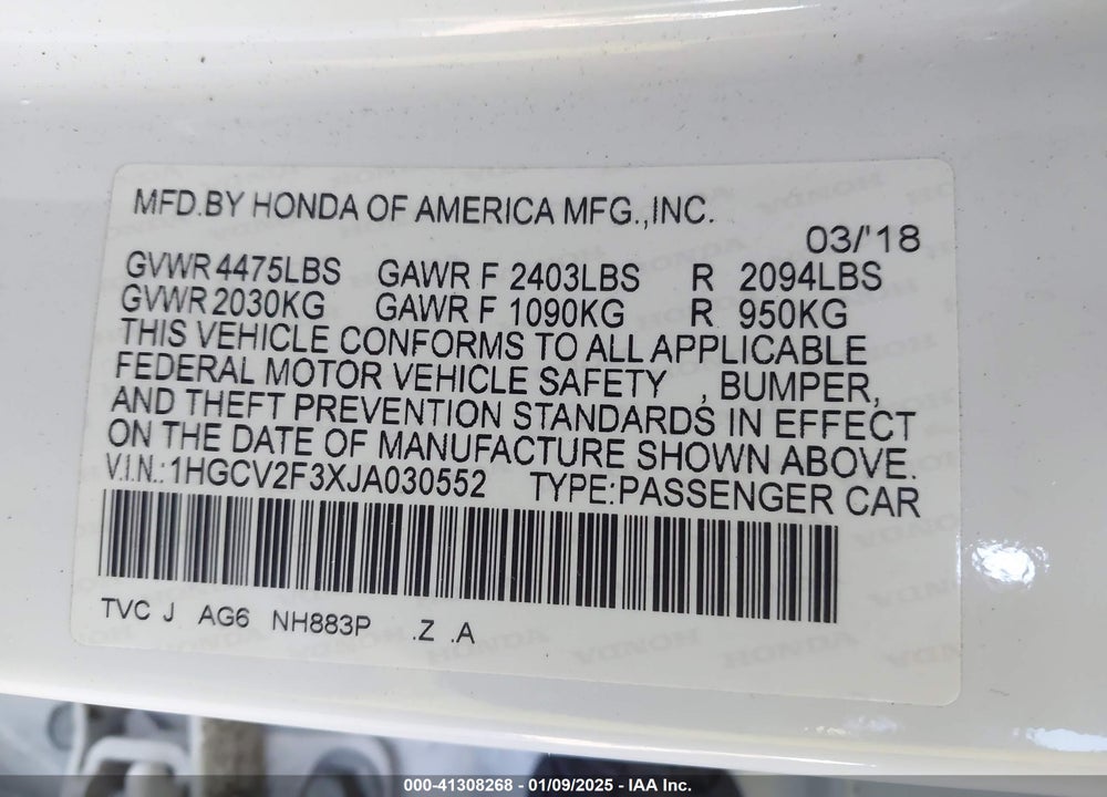 2018 HONDA ACCORD VIN: 1HGCV2F3XJA030552