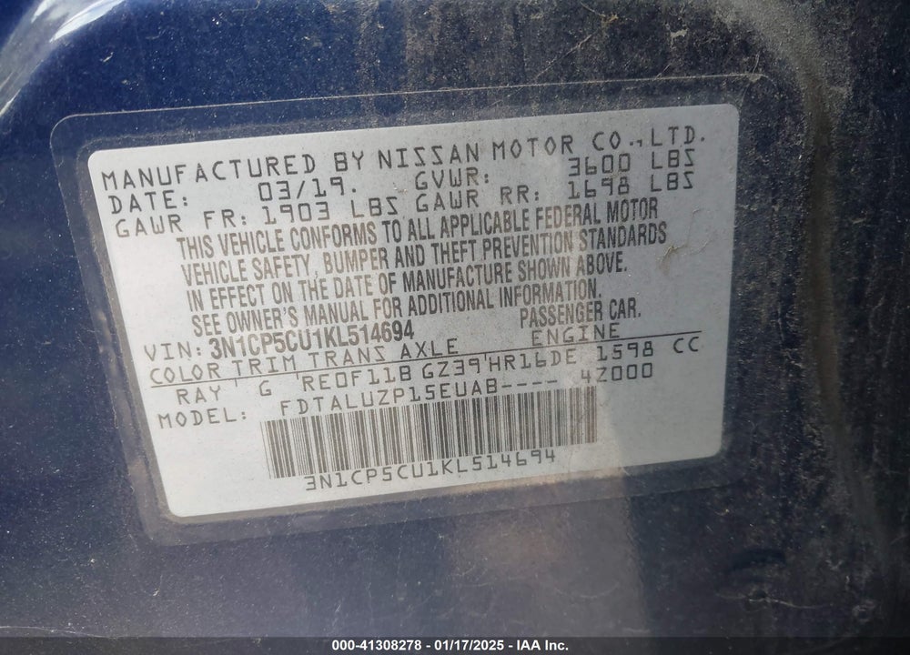 2019 NISSAN KICKS SR VIN: 3N1CP5CU1KL514694