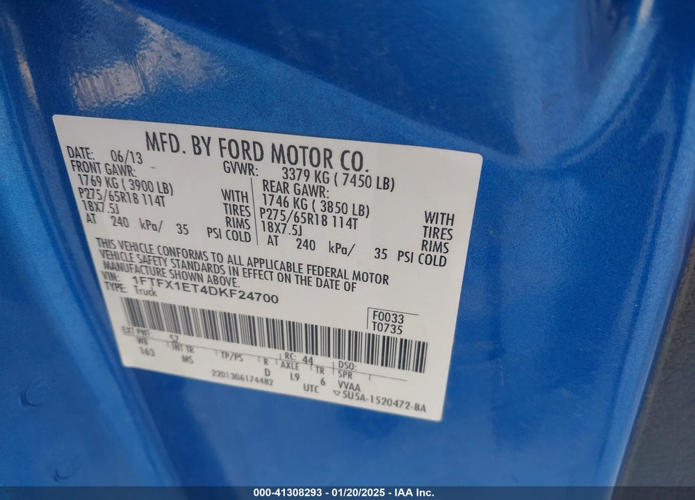 2013 FORD F150 VIN: 1FTFX1ET4DKF24700