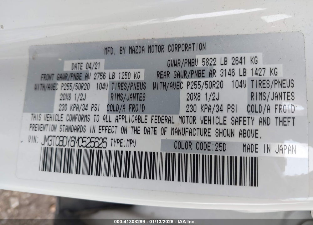2021 MAZDA CX-9 VIN: JM3TCBDY6M0525626