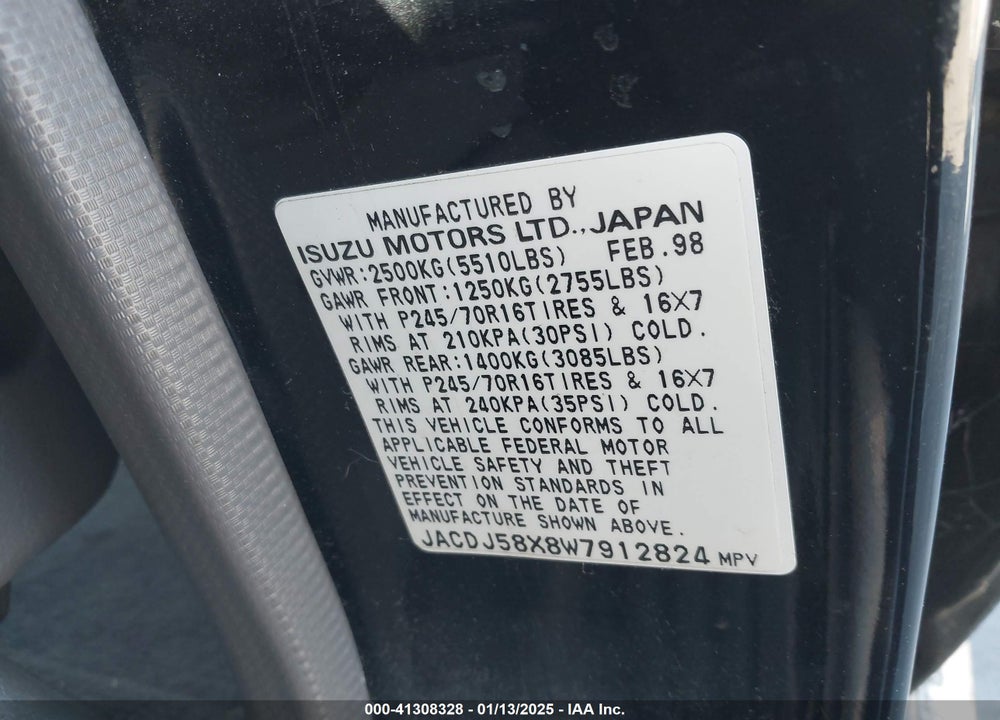 1998 ISUZU TROOPER S VIN: JACDJ58X8W7912824