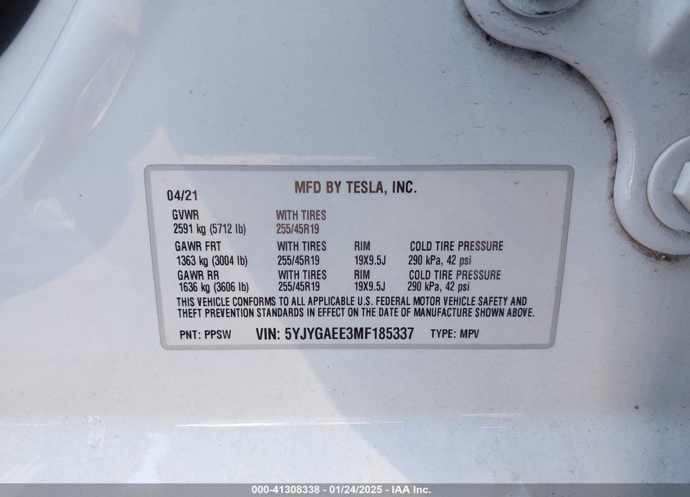 2021 TESLA MODEL Y LONG RANGE DUAL MOTOR ALL-WHEEL DRIVE VIN: 5YJYGAEE3MF185337