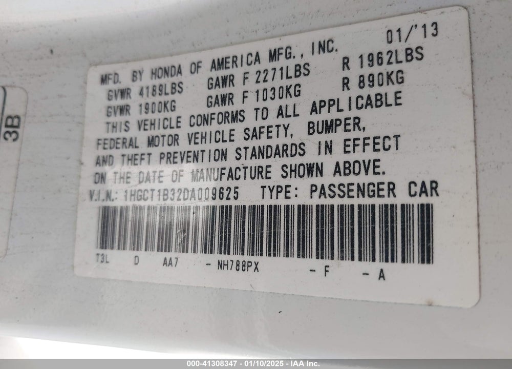 2013 HONDA ACCORD LX-S VIN: 1HGCT1B32DA009625