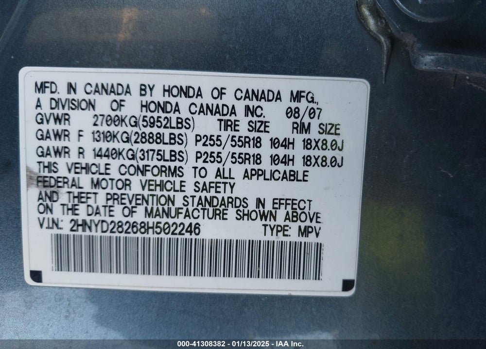2008 ACURA MDX VIN: 2HNYD28268H502246