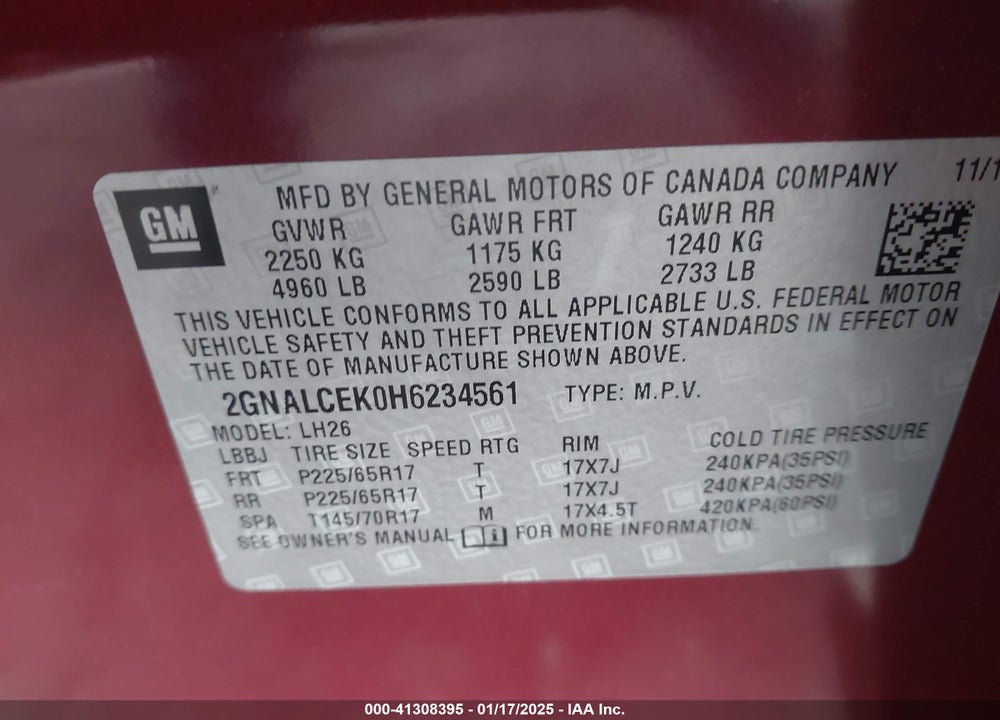 2017 CHEVROLET EQUINOX LT VIN: 2GNALCEK0H6234561