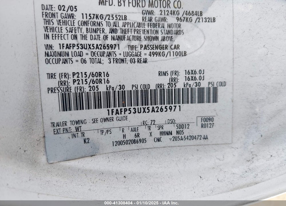 2005 FORD TAURUS SE VIN: 1FAFP53UX5A265971