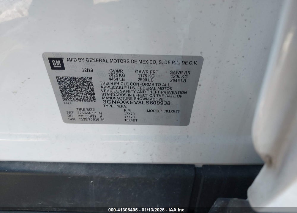 2020 CHEVROLET EQUINOX FWD LT 1.5L TURBO VIN: 3GNAXKEV8LS609938