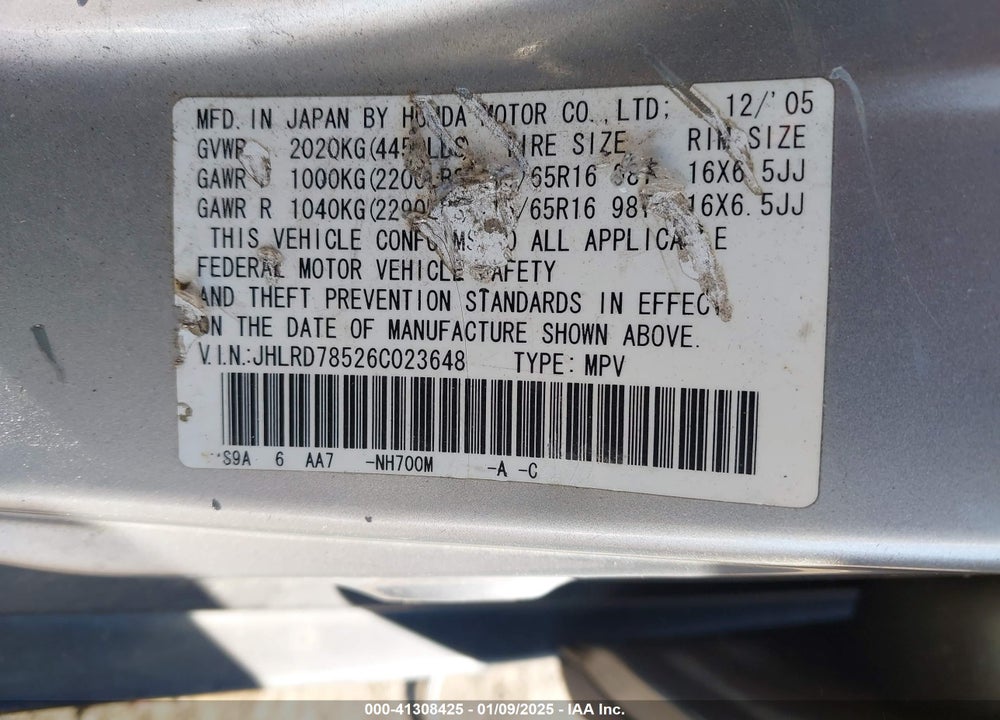 2006 HONDA CR-V LX VIN: JHLRD78526C023648