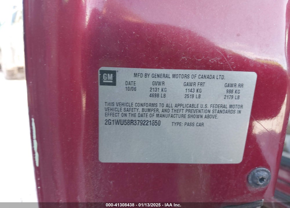 2007 CHEVROLET IMPALA LTZ VIN: 2G1WU58R379221650