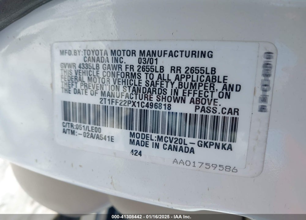 2001 TOYOTA CAMRY SOLARA SLE V6 VIN: 2T1FF22PX1C496818