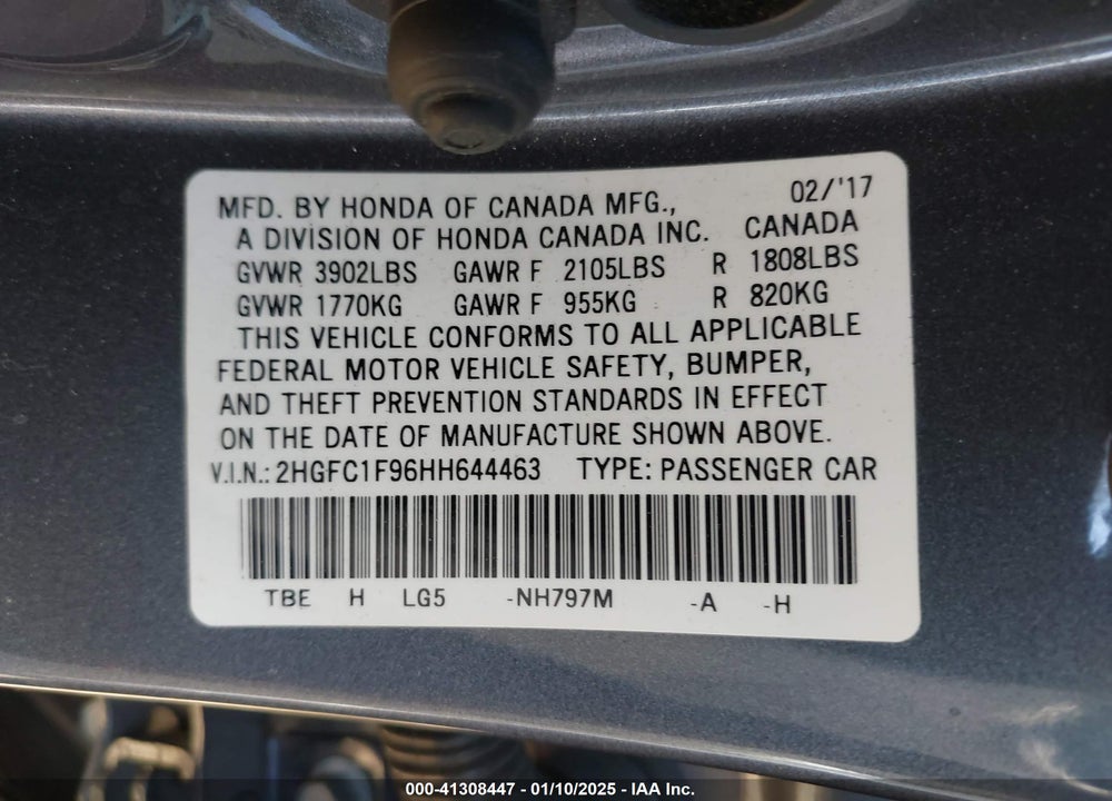 2017 HONDA CIVIC TOURING VIN: 2HGFC1F96HH644463