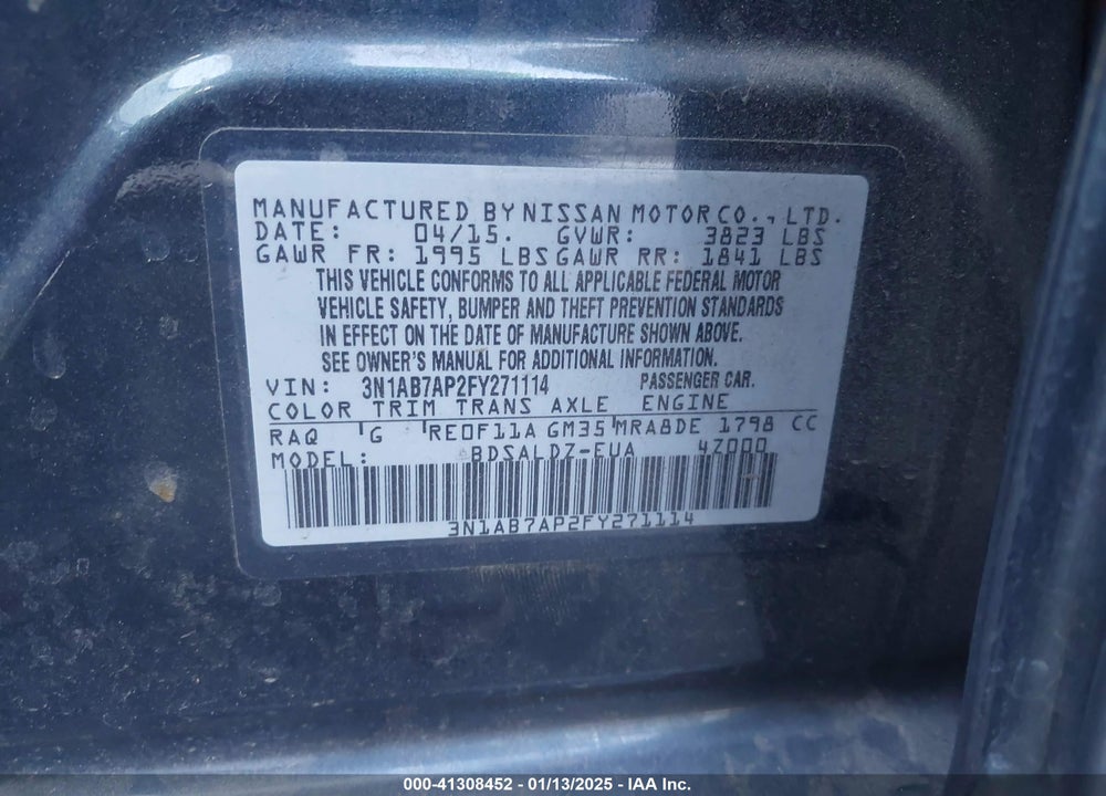 2015 NISSAN SENTRA SV VIN: 3N1AB7AP2FY271114